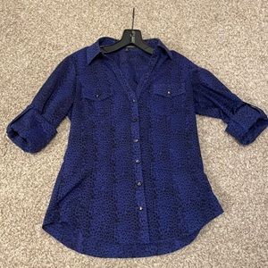 Express blue and black leopard collared dress shirt size XS